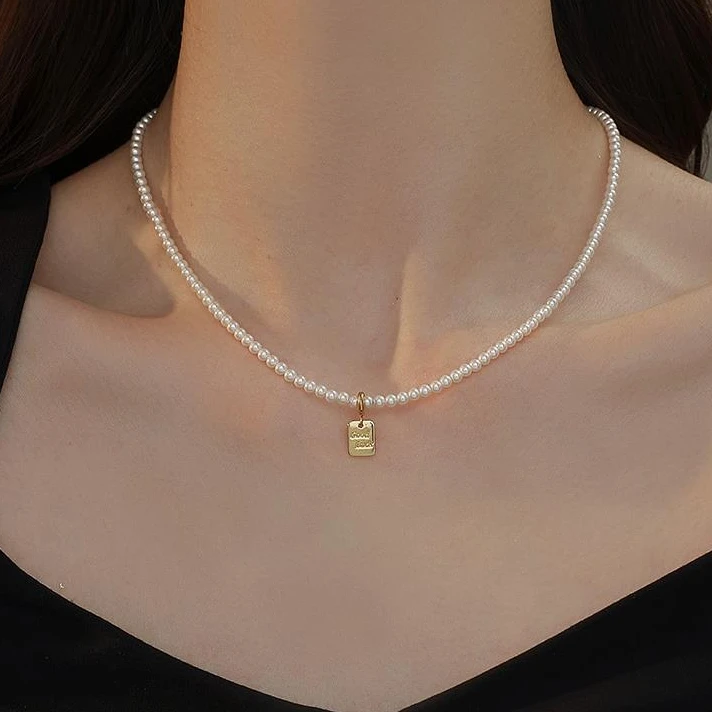 CAIEM KAIET 合金吊坠 幸运方牌小米珠珍珠项链轻奢时尚锁骨链