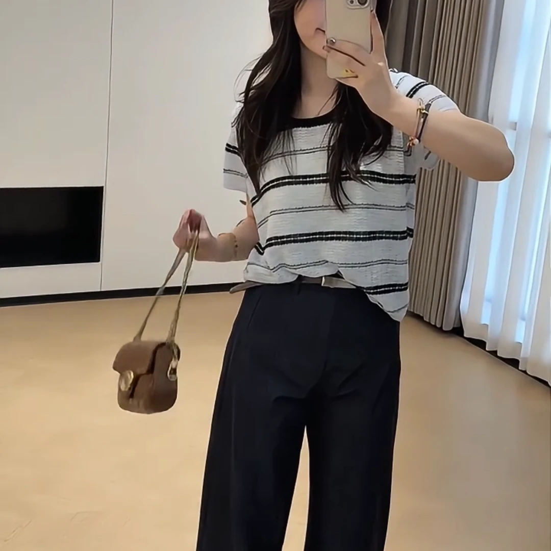 薄款冰丝针织衫针织短袖女2024新款爆款夏季宽松撞色条纹镂空上衣