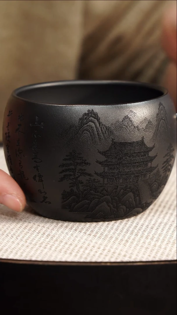 紫砂茶案宜兴紫砂 百福主人杯刻绘陋室铭 石黄