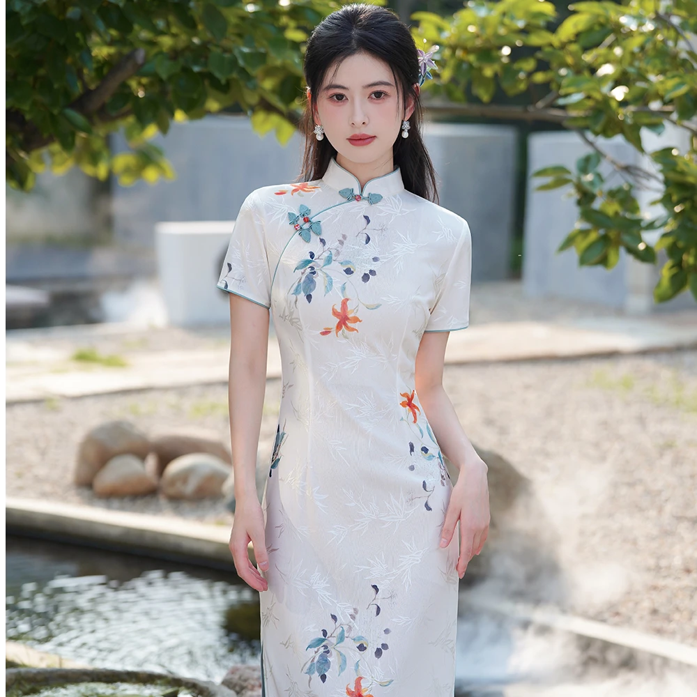 夏季新款白色印花短袖旗袍气质显瘦少女中长款修身日常优雅中式