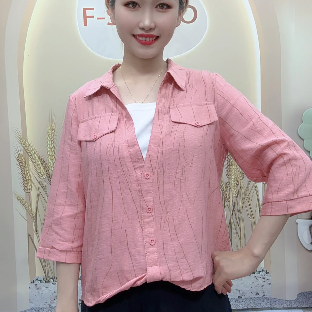 2025夏季新款时尚小众设计感衬衣领拼色显瘦洋气七分袖上衣女