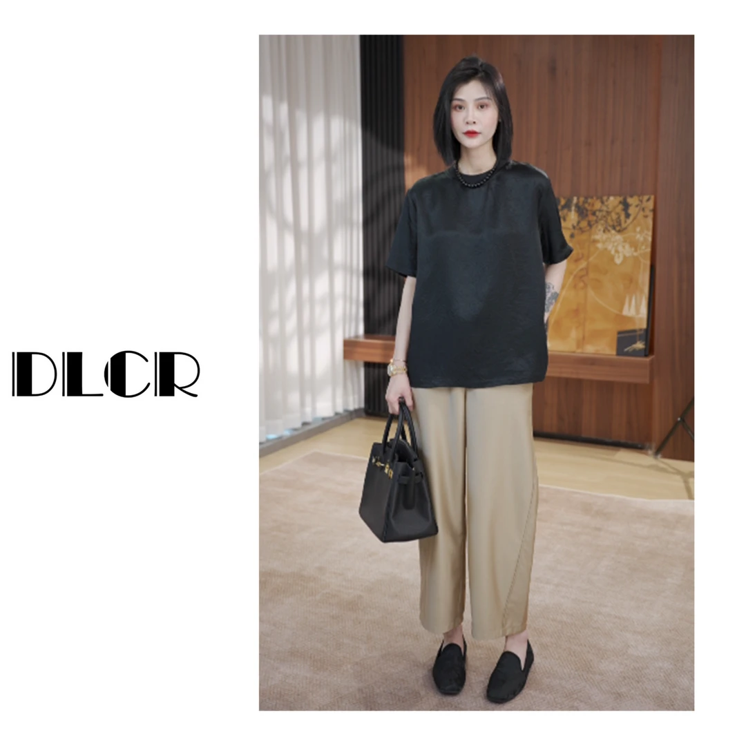 DLCR【大琳】2025夏季新款设计感轻奢醋酸短袖时尚休闲百搭上衣黑