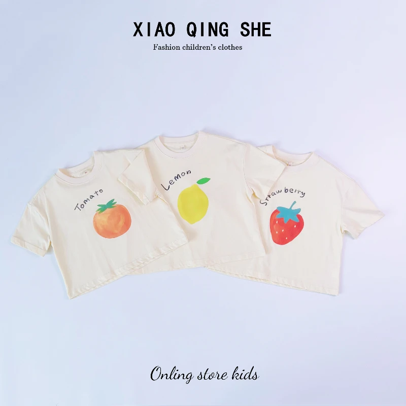 儿童夏季纯棉水果数码印花T恤奶杏色短袖T恤半袖2123