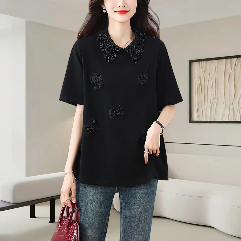 黑色短袖t恤女士2025夏季新款时尚减龄宽松显瘦重工钉珠休闲上衣