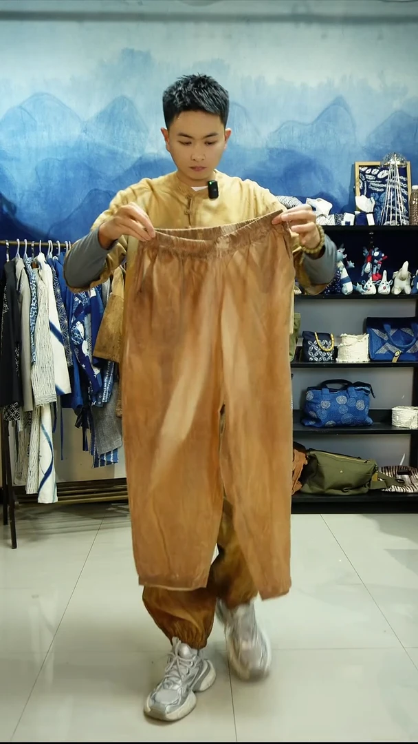织绣手工柿染棉麻长裤