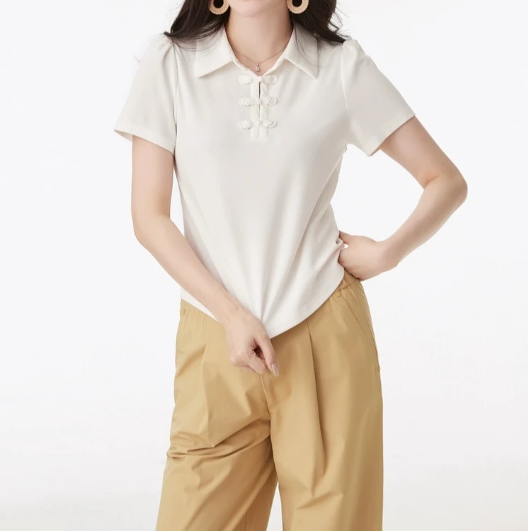 B526国风盘扣短袖T恤女夏款休闲舒适大码polo领C6