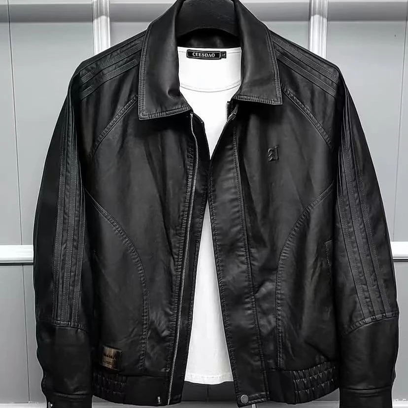 新款高品质男士翻领休闲皮衣夹克