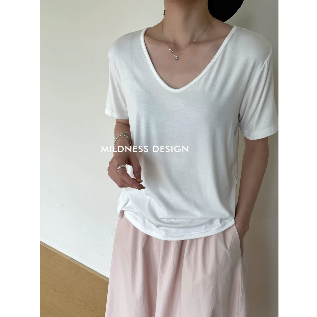 莫代尔V领短袖t恤女夏季2025新款打底衫白色u领正肩大领口上衣潮