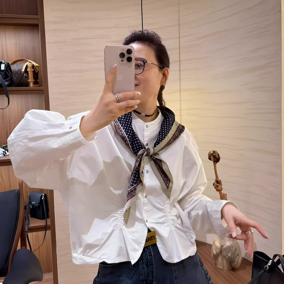 L S 短衬衫 褶皱圆领宽松型秋季薄款百搭衬衫单排多扣白色时尚