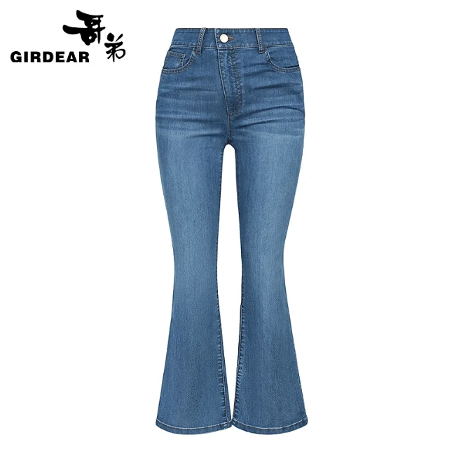 GIRDEAR/哥弟春季新款简约中腰倾斜拉链微喇牛仔九分裤女士110007