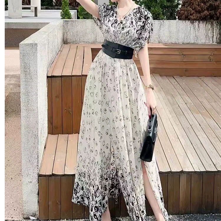 【高端定制·小众设计】V领雪纺拼接气质修身开叉连衣裙61565