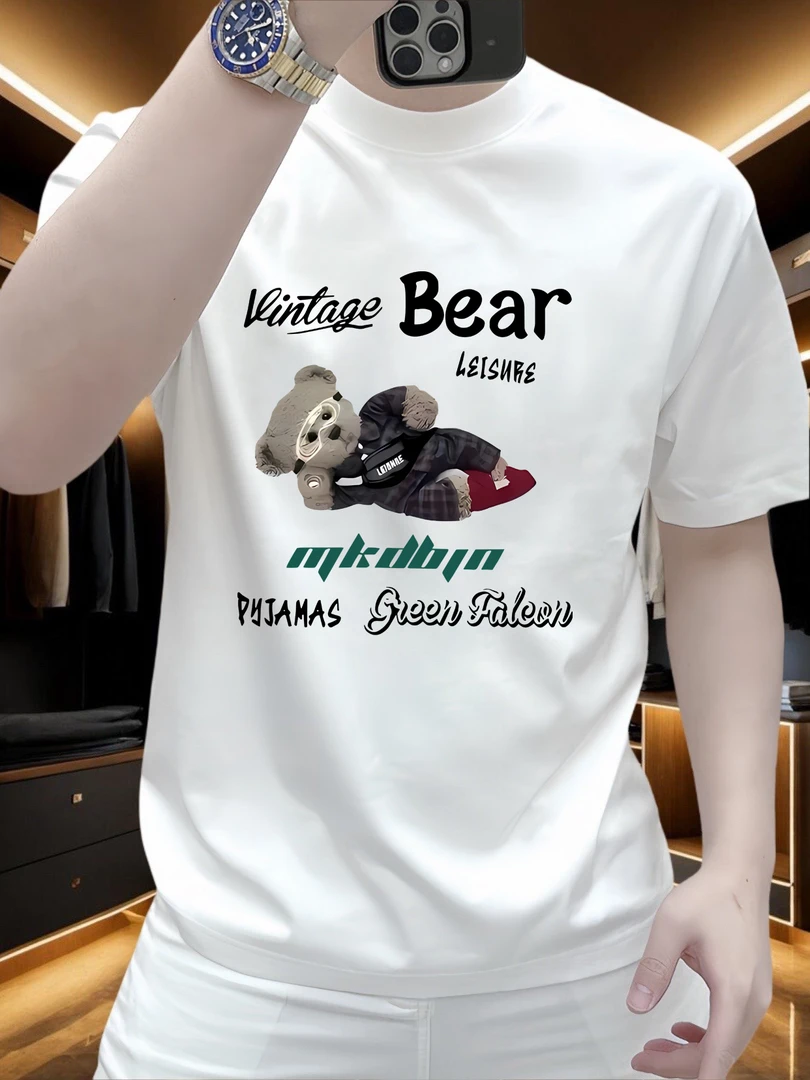 vintage Bear侧躺熊 新款轻奢内搭T恤百搭短袖印花圆领宽松半袖