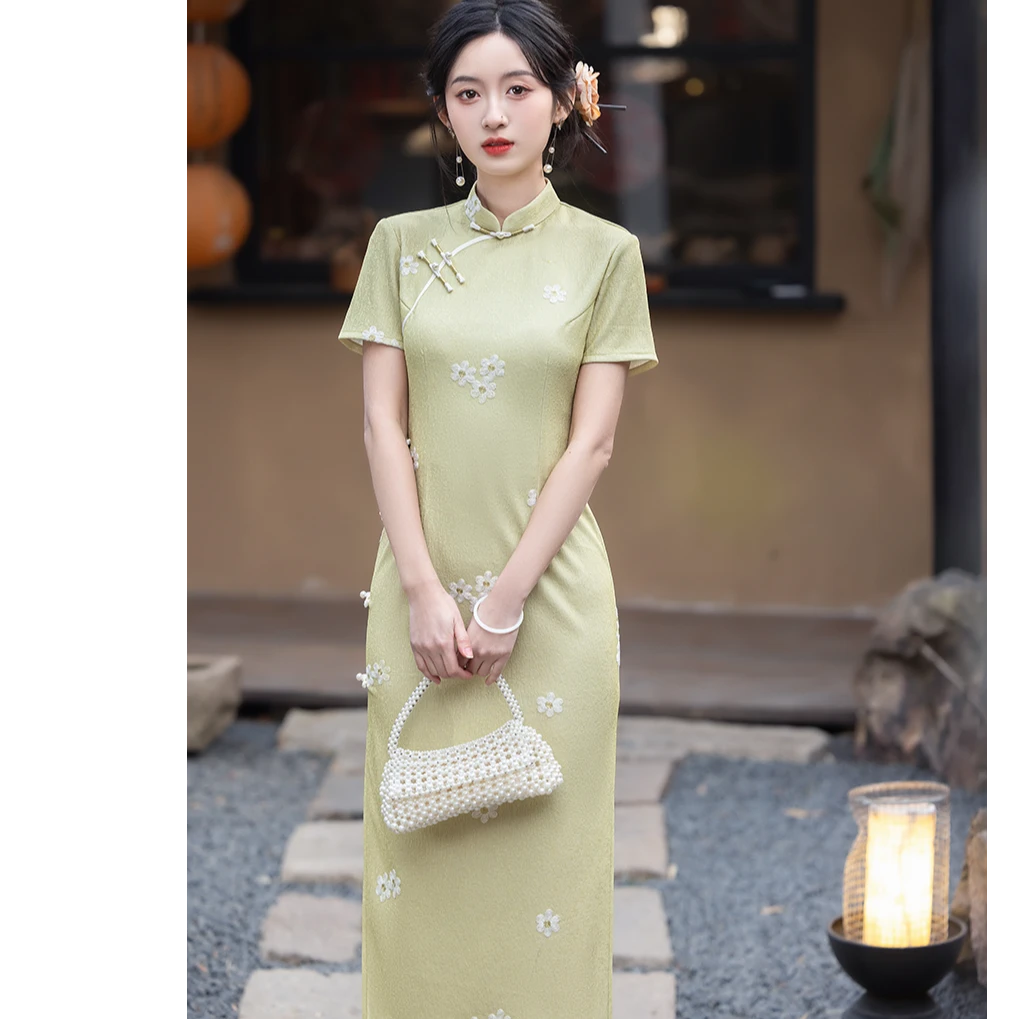 春夏旗袍复古港风优雅中国风夏季修身白色网红少女提花日常