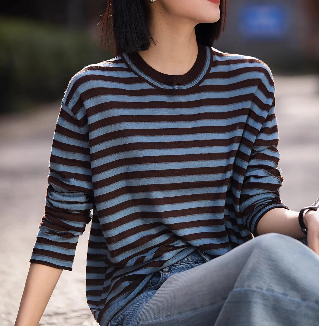 气质减龄宽松针织衫女装春季新款条纹上衣设计感百搭显瘦别致时尚