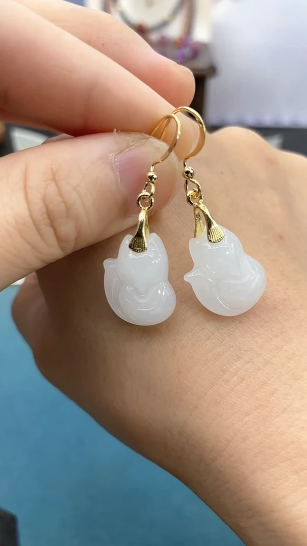 软玉14K金镶嵌耳饰小狐狸耳钩