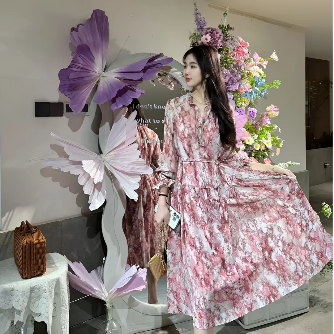 GIRDEAR/哥弟法式优雅气质收腰木耳边印花碎花女装连衣裙1500465