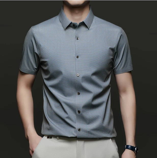 69-11夏季冰丝小格短袖中年男士商务休闲时尚薄款无痕百搭高档