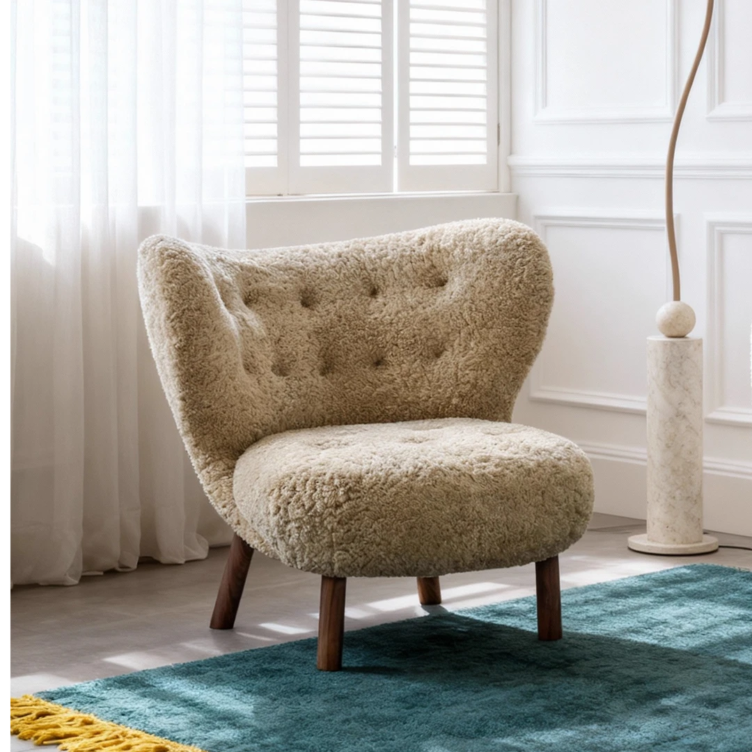 羊羔毛单人沙发椅设计师侘寂风实木小佩特拉法式休闲懒人沙发椅