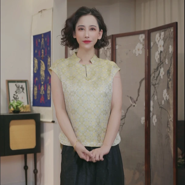 【金蕊】100%桑蚕丝双面穿织锦缎女士时尚百搭无袖立领上衣C123