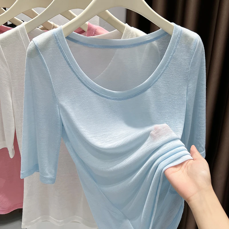 蓝色超薄圆领短袖女t恤2025夏季新款慵懒风柔软亲肤内搭洋气上衣