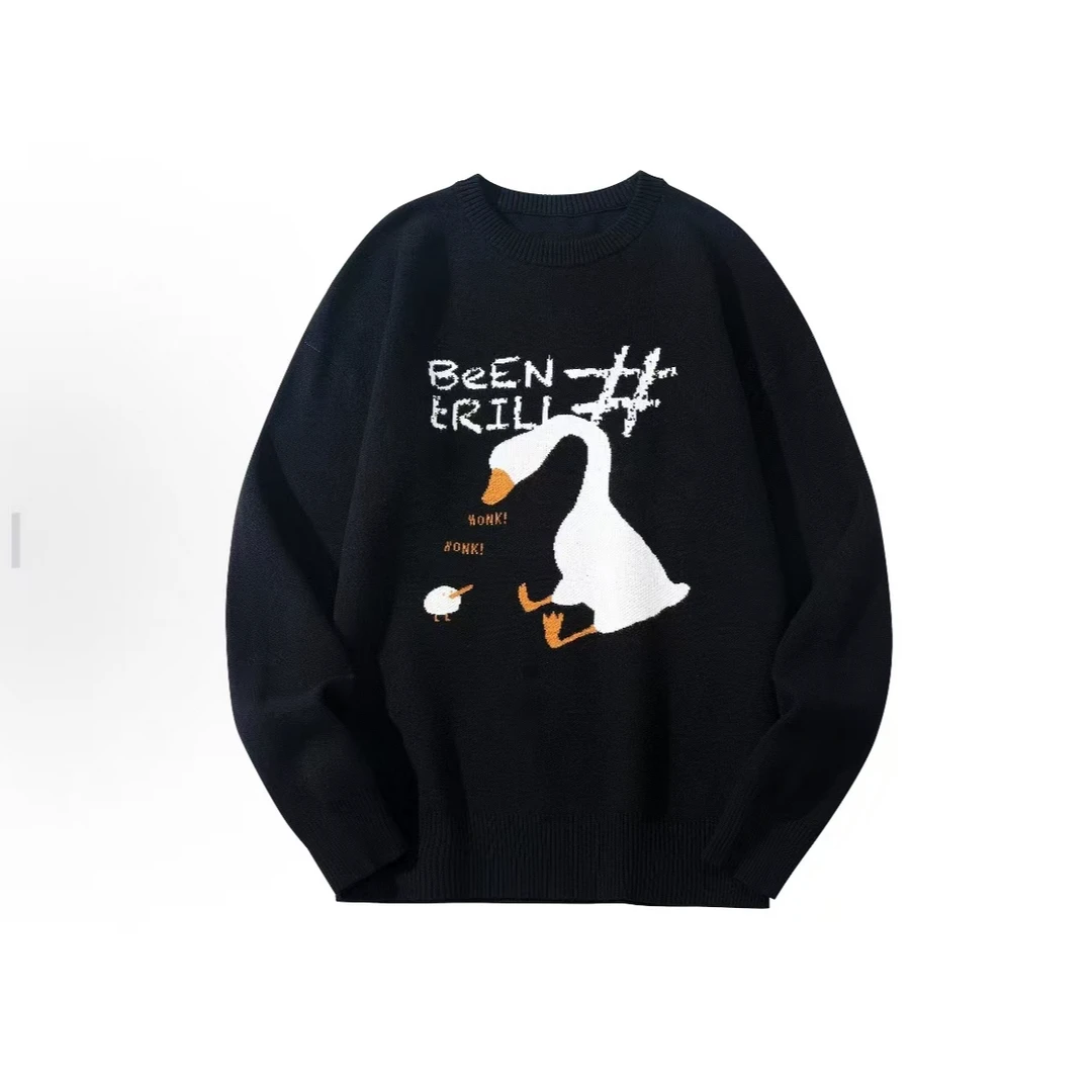 大鹅卡通圆领毛衣国潮针织提花慵懒风冬季针织衫