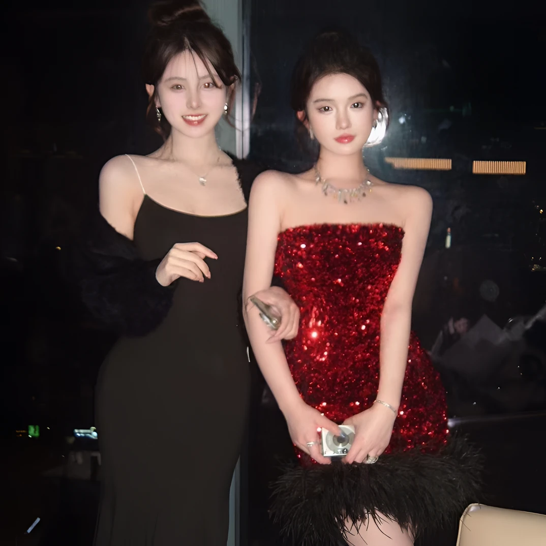 跨年穿搭年会礼服高端轻奢小众一字肩性感生日派对抹胸连衣裙女