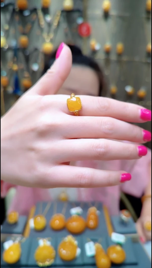 蜜蜡银S925镀金镶嵌戒指﹣E879蜜蜡戒指