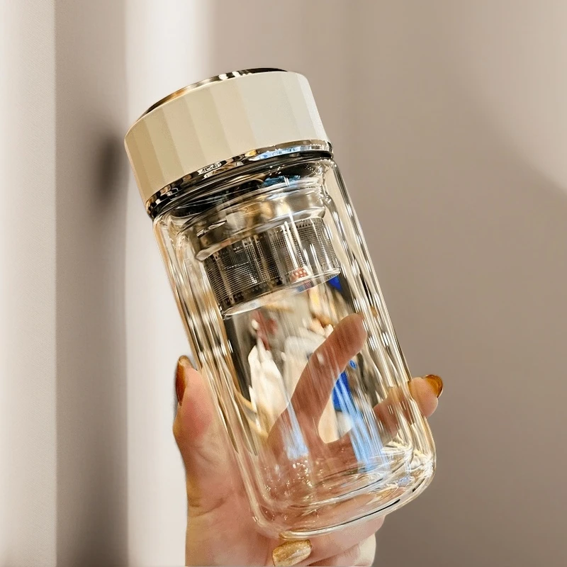 苏泊夏季玻璃水杯高硼硅玻璃双层防爆耐高温便携泡茶杯微保温女