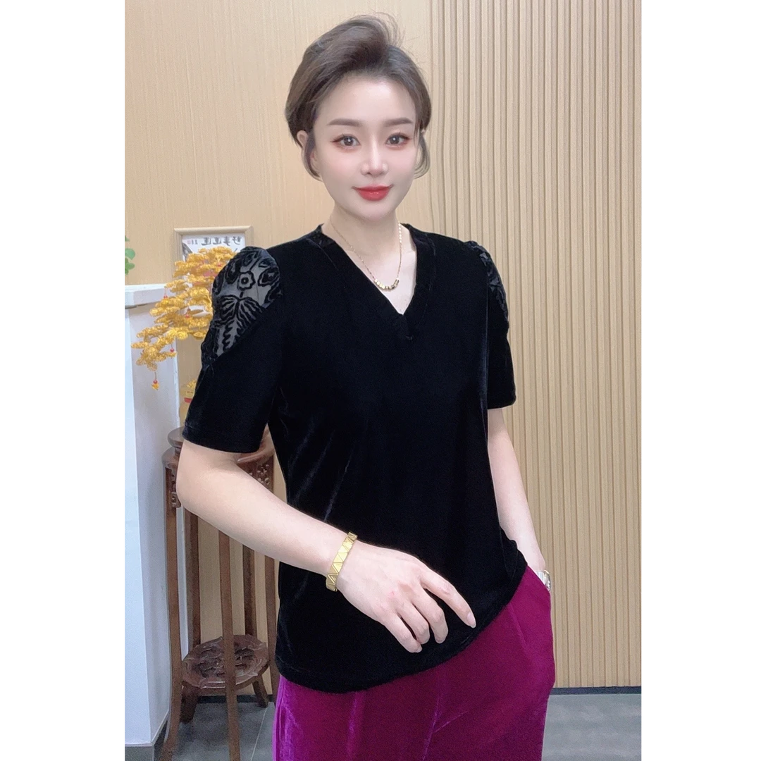 欧若风春季丝绒拼接重工烧花T恤半袖小衫上衣纯色半袖62CM上下长