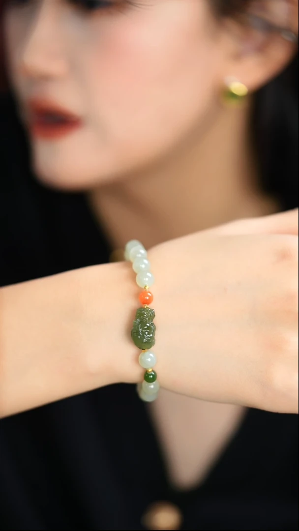 【闪购商品】和田玉手串银S925镀金镶嵌和田玉单圈度母