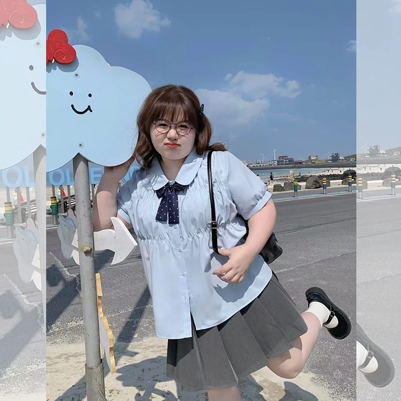 辣条大码女装 制服学姐 减龄学院风蓝色松紧宽松短袖衬衫女