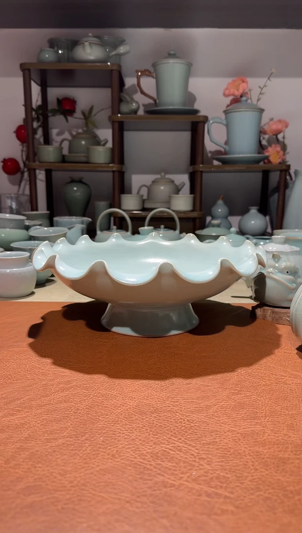 盘瓷全手卷荷高足盘 果盘茶盘壶承花盆托 仿古釉一级精品