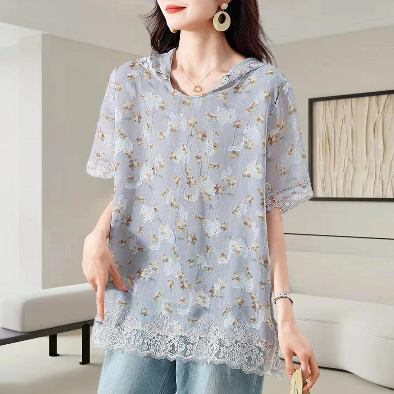 蕾丝提花连帽短袖雪纺衫女2025夏季新款洋气减龄宽松大码休闲上衣