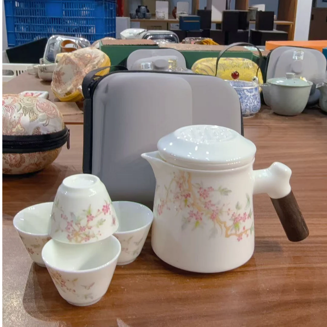 C99紫藤花办公杯木柄旅行茶具带包套装