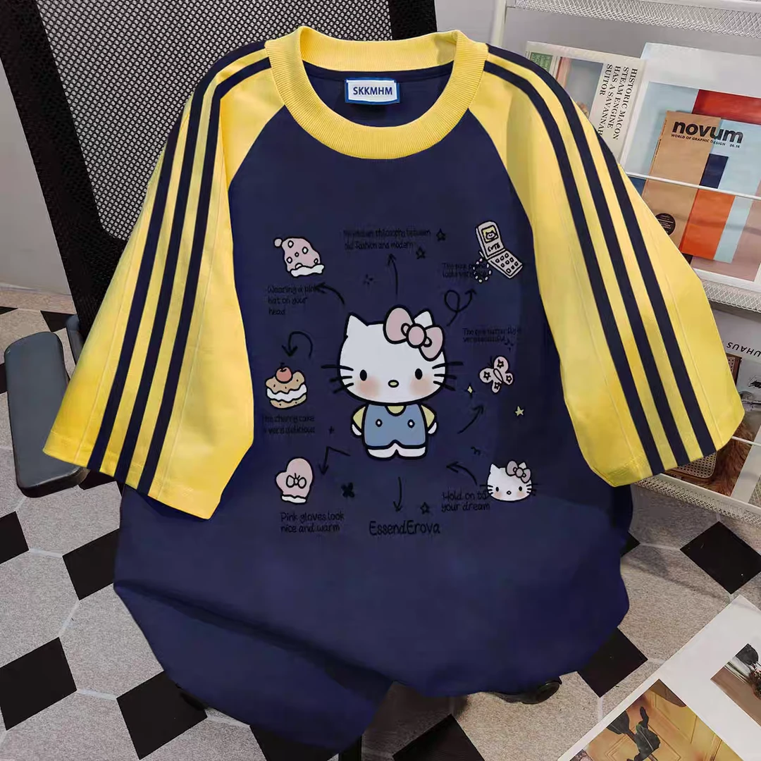纯棉可爱卡通凯蒂猫印花短袖t恤女夏季宽松三条杠百搭韩系上衣服