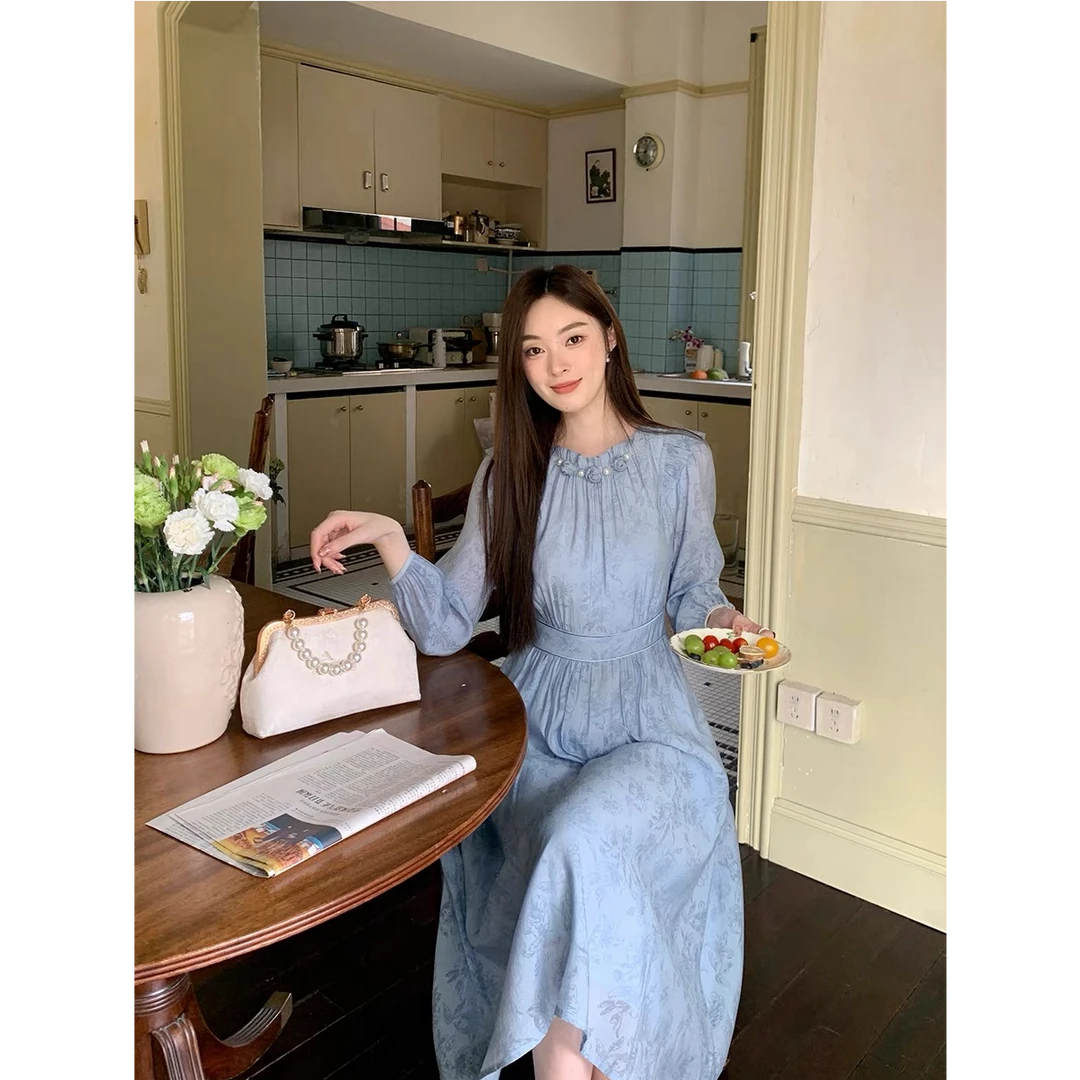 2025新款春季时尚超好看蓝色提花显瘦长裙连衣裙女