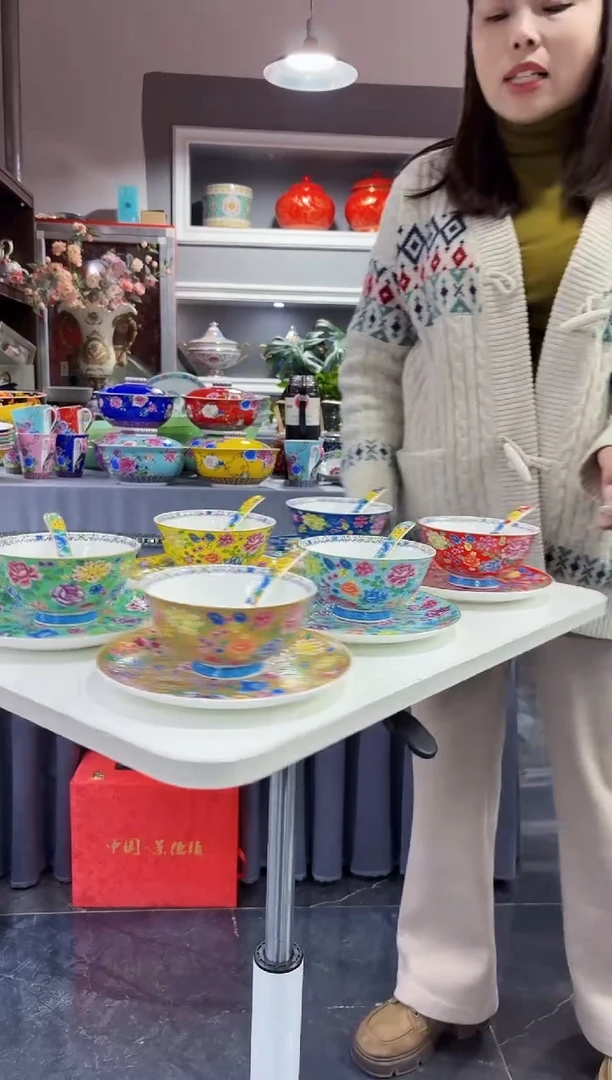 珐琅三件套碟碗勺6套景德镇陶瓷