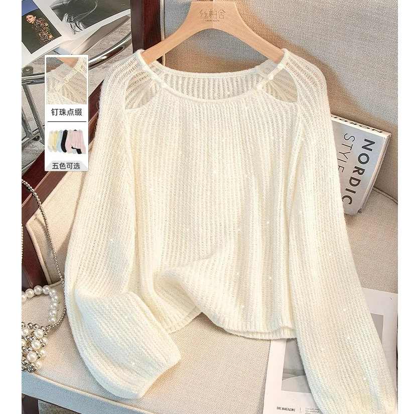 圆领针织衫2024秋季新款女装时尚气质宽松款甜美镂空亮片减龄上衣