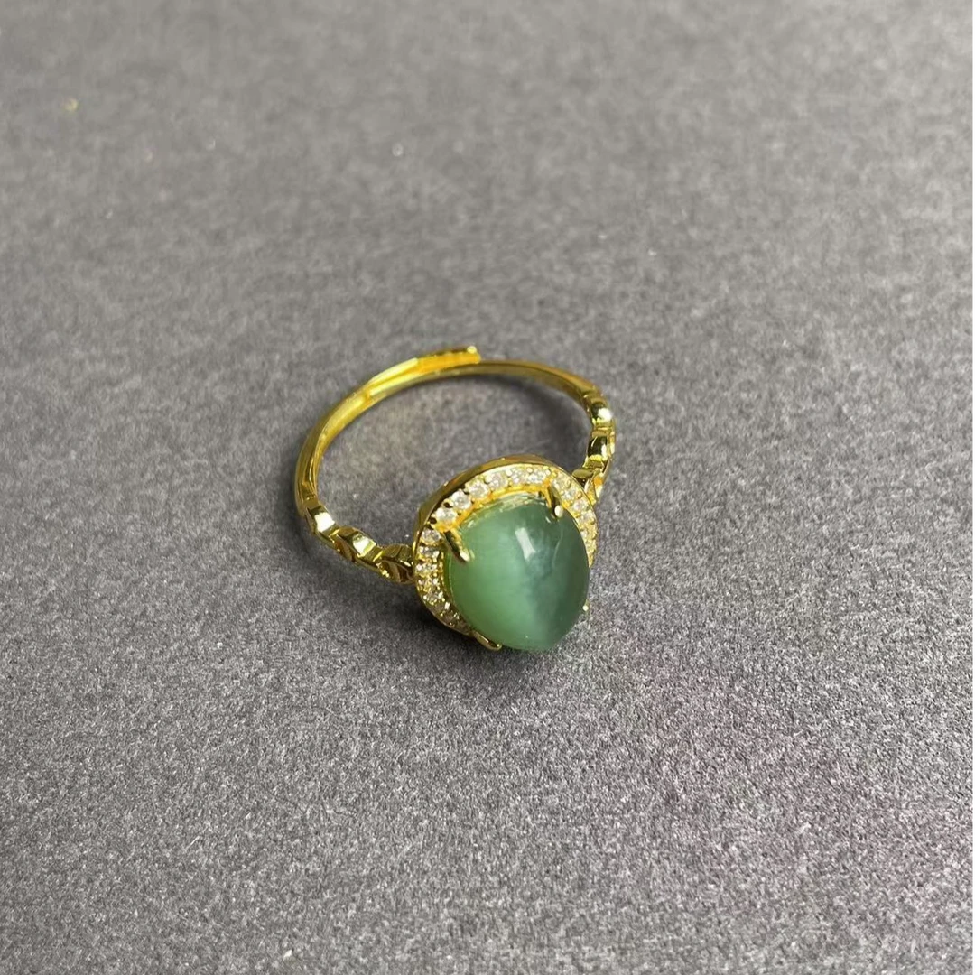 S925银镶嵌天然和田碧玉粉绿猫眼蛋面戒指轻奢时尚金色精美气质