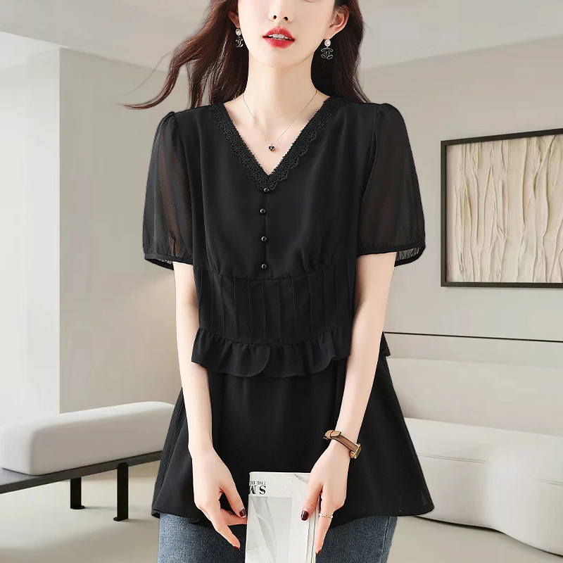 假两件黑色短袖雪纺衫女士2025夏季新款时尚减龄宽松遮肚显瘦上衣