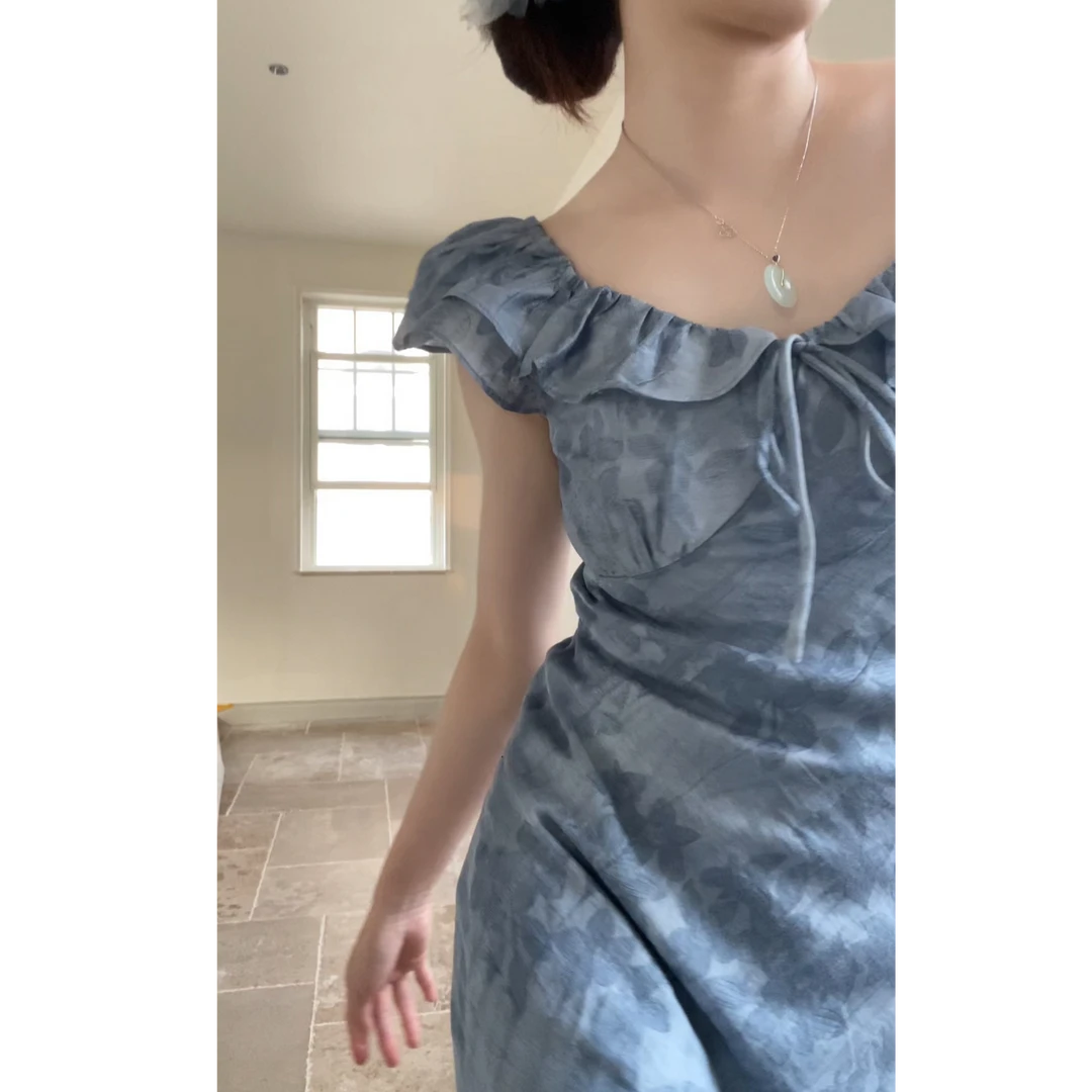 蓝色扎染提花吊带荷叶领夏季连衣裙女装初恋修身气质设计感复古