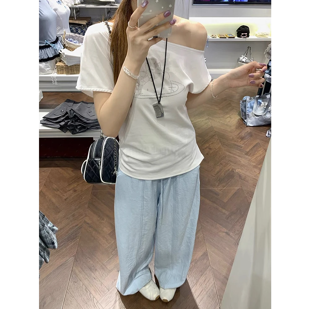美式辣妹斜领露肩猫咪烫钻不规则T恤女夏季设计感修身显瘦女短袖