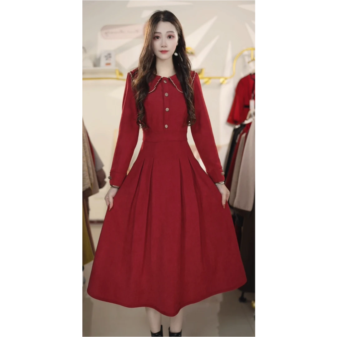 时尚连衣裙2025秋冬新款娃娃领长袖遮肚子显瘦中长款裙子Y541102