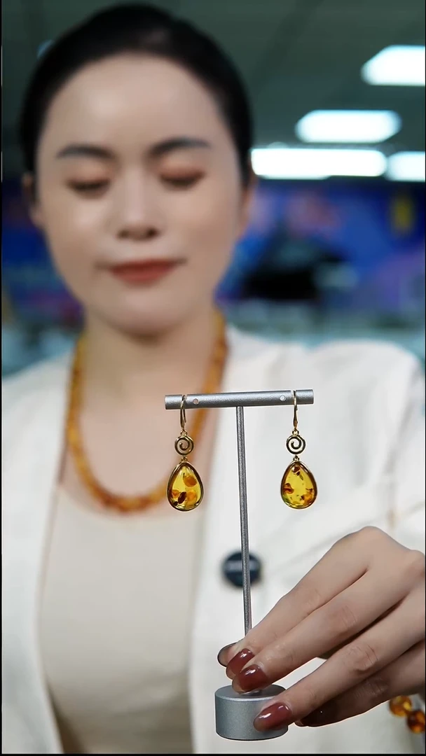 琥珀（花珀）银S925镶嵌耳饰花珀耳环