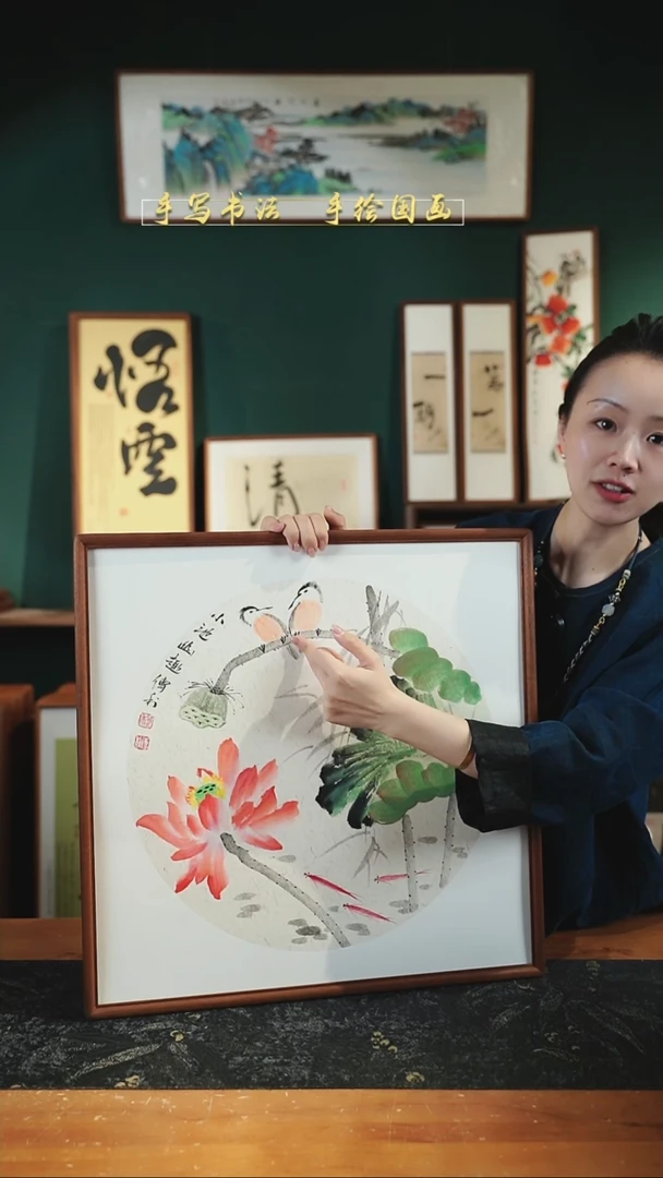 国画CL荷花-双只鸟52×52㎝手绘实木