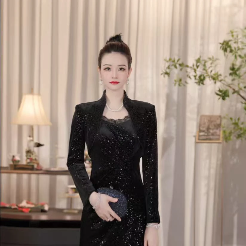 SUSSI古色丨“星河漫舞”法式黑色珠片绣短外套气质高级丝绒外套女