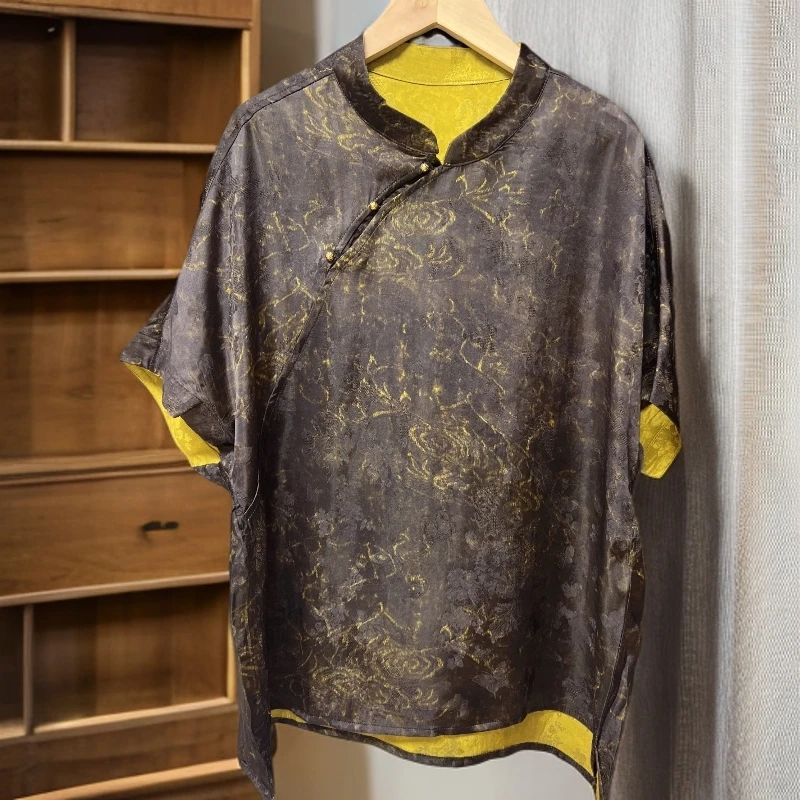 576【云锦坊】新款气质网红夏季重磅双面减龄轻奢黑金落肩袖双面穿