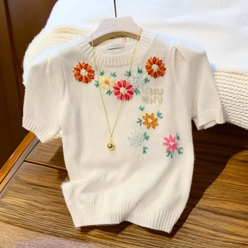 9299法式复古高级感刺绣花朵短袖针织衫2025夏季新款气质时尚上衣