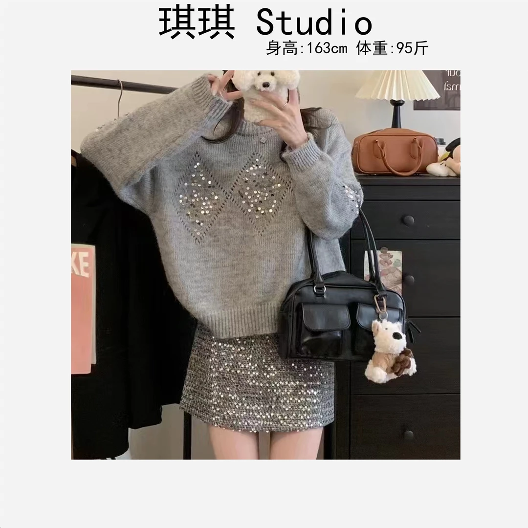 秋冬季新款轻奢高级感重工设计感亮片闪闪减龄百搭针织上衣-G