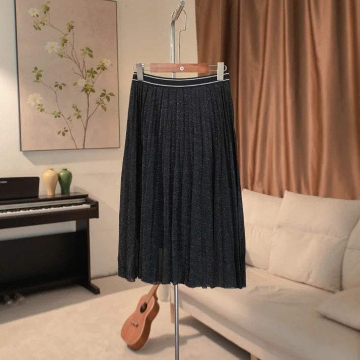 G568 拼色松紧高腰亮闪百褶半身裙女 4A73